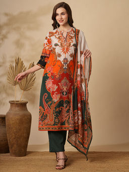 FASHOR - Floral Printed and Straight Kurta with Pant and Pure Cotton Dupatta - Multi (Set of 3)
