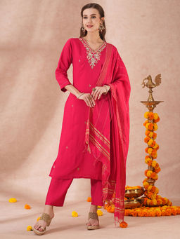 FASHOR - Floral Hand Embroidered Straight Fit Kurta with Pant and Dupatta - Pink (Set of 3)