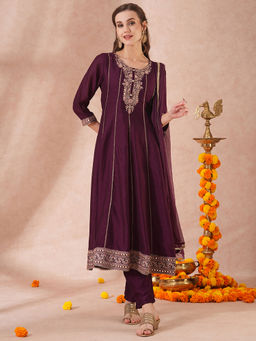 FASHOR - Ethnic Embroidered Anarkali Flared Kurta with Pant and Dupatta - Purple (Set of 3)