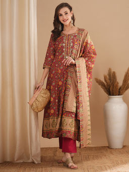 FASHOR - Ethnic Floral Printed & Embroidered Flared Kurta with Pant & Dupatta - Red (Set of 3)