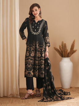 FASHOR - Ethnic Floral Printed & Embroidered Flared Kurta with Pant & Dupatta - Black (Set of 3)