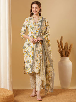 FASHOR - Floral Printed & Embroidered Straight Kurta with Pant & Dupatta - Off White (Set of 3)
