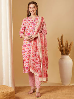 FASHOR - Floral Printed and Embroidered Straight Kurta with Pant and Dupatta - Pink (Set of 3)