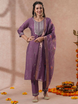 FASHOR - Ethnic Zari Embroidered Straight Fit Kurta with Pant and Dupatta - Purple (Set of 3)