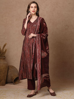 FASHOR - Ethnic Printed and Embroidered A-Line Kurta with Pant and Dupatta - Burgundy (Set of 3)