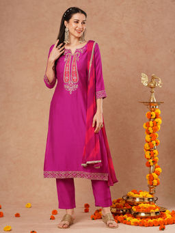 FASHOR - Embroidered Straight Fit Kurta with Pant and Leheriya Dupatta - Magenta (Set of 3)