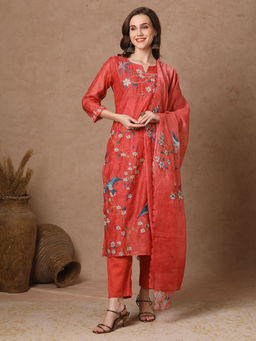 FASHOR - Floral Printed and Embroidered Straight Kurta with Pant and Dupatta - Coral (Set of 3)