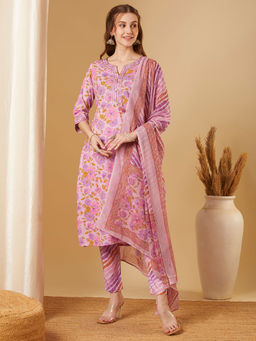 FASHOR - Floral Printed & Embroidered Straight Kurta with Pant & Dupatta - Lavender (Set of 3)