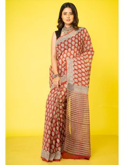 Unnati Silks - Red Pure Bagru Mulmul Cotton Saree with Unstitched Blouse