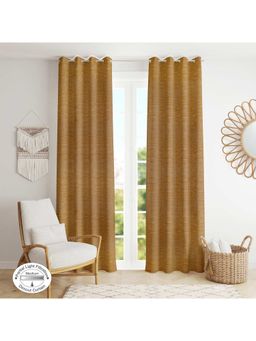 HomeTown - Amour Solid Jacquard Dim Out Door Curtains 7 Feet in Mustard Colour (Set of 2)