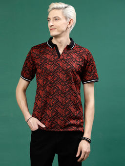 RIGO - Men Red Jacquard Printed Polo T-Shirt