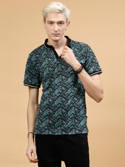 RIGO - Men Teal Jacquard Printed Polo T-Shirt