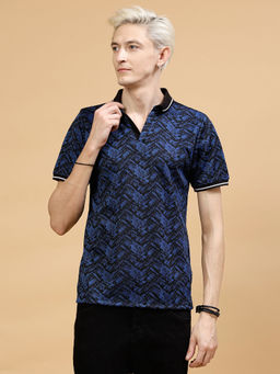 RIGO - Men Blue Jacquard Printed Polo T-Shirt
