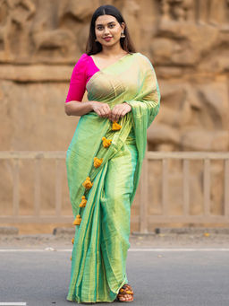 I LOVE SAREES - Green Plain Tissue Cotton Saree without Blouse