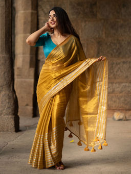I LOVE SAREES - Gold Plain Tissue Cotton Saree without Blouse