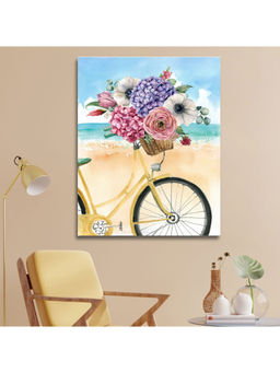 HomeTown - Ilona Cycle With Flower Basket Canva Hand Painted With Glitter Painting, Multicolor 60X90Cm