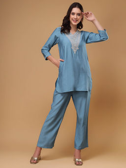 Bani Women - Aqua Embroidered Co-Ord (Set of 2)