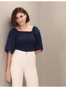 U.S. POLO ASSN. - Navy Blue Bell Sleeve Smocked Bodice Solid Top