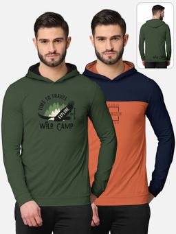 BULLMER - Printed Full Sleeve Hooded T-shirt For Men Multi-color (Pack of 2)