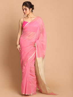 Indethnic - Banarasi Pink Solid Daily Wear Saree With Unstitched Blouse