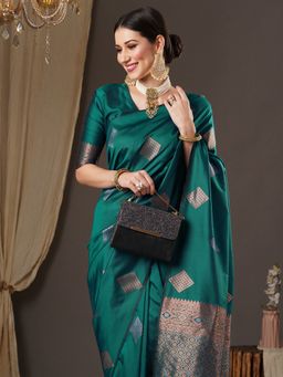 Akhilam - Womens Silk Blend Teal Blue Woven Design Saree with Unstitched Blouse