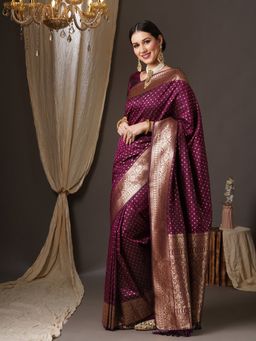 Akhilam - Womens Silk Blend Purple Woven Design Saree with Unstitched Blouse