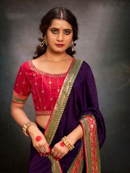 Akhilam - Women's Satin Silk Purple Embroidered Designer Saree with Unstitched Blouse