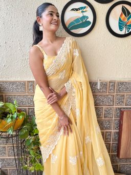 Akhilam - Womens Georgette Yellow Embroidered Designer Saree with Unstitched Blouse
