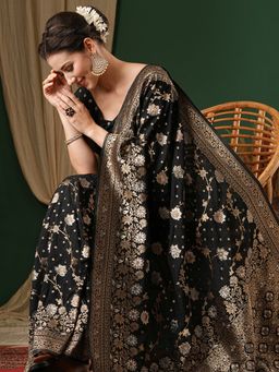 Akhilam - Womens Georgette Black Woven Design Designer Saree with Unstitched Blouse