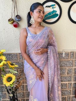 Akhilam - Womens Net Lavender Embellished Designer Saree with Unstitched Blouse