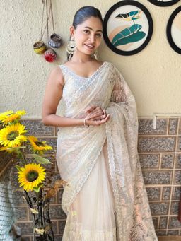 Akhilam - Womens Net White Embellished Designer Saree with Unstitched Blouse