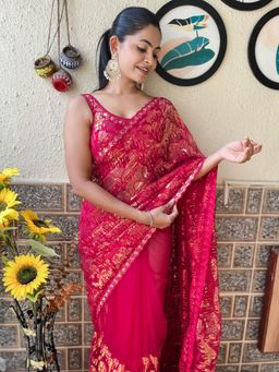 Akhilam - Womens Net Pink Embellished Designer Saree with Unstitched Blouse