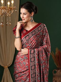 Akhilam - Women's Crepe Maroon Printed Designer Saree with Unstitched Blouse