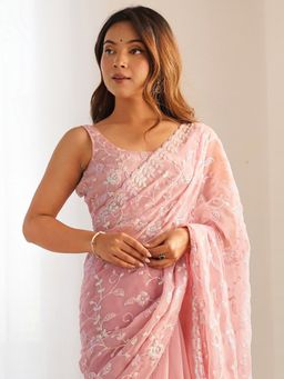 Akhilam - Pink Women's Georgette Embellished Saree with Unstitched Blouse