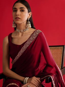 Akhilam - Womens Satin Maroon Embellished Saree with Unstitched Blouse