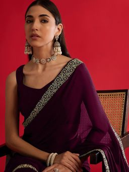 Akhilam - Womens Satin Purple Embellished Saree with Unstitched Blouse