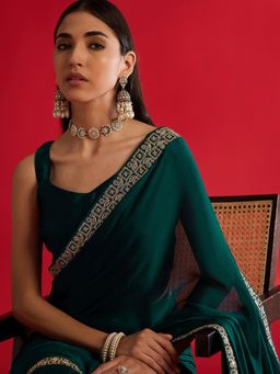Akhilam - Womens Satin Teal Embellished Saree with Unstitched Blouse