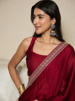 Akhilam - Womens Satin Maroon Lace Work Ready To Wear Saree with Unstitched Blouse