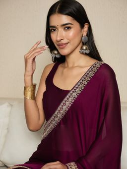 Akhilam - Womens Satin Magenta Lace Work Ready To Wear Saree with Unstitched Blouse