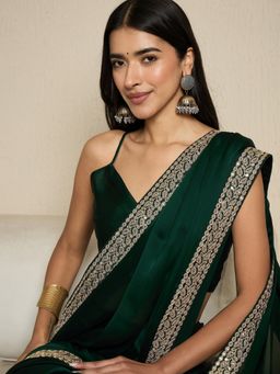 Akhilam - Womens Satin Dark Green Lace Work Ready To Wear Saree with Unstitched Blouse