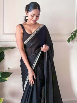 Akhilam - Womens Satin Silk Black Embellished Saree with Unstitched Blouse