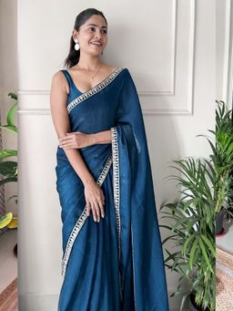 Akhilam - Womens Satin Silk Blue Embellished Saree with Unstitched Blouse
