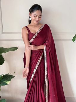 Akhilam - Womens Satin Silk Magenta Embellished Saree with Unstitched Blouse