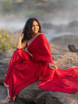 Akhilam - Womens Satin Silk Red Embellished Saree with Unstitched Blouse