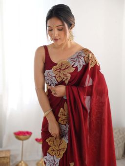 Akhilam - Women Maroon Silk Saree with Unstitched Blouse