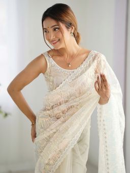 Akhilam - Women Net White Embellished Designer Saree with Unstitched Blouse