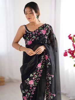 Akhilam - Women Net Black Embroidered Designer Saree with Unstitched Blouse