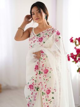 Akhilam - Women Net Off White Embroidered Designer Saree with Unstitched Blouse