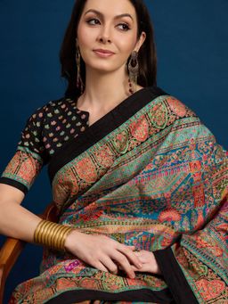 Akhilam - Womens Dola Silk Black Woven Design Saree with Unstitched Blouse