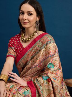 Akhilam - Womens Dola Silk Beige Woven Design Saree with Unstitched Blouse